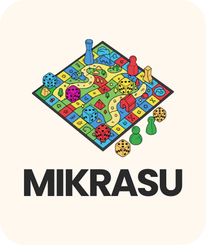 Logo klubu gier planszowych „Mikrasu”, przedstawiające kolorowe elementy gier planszowych – kości, pionki i planszę – symbolizujące przyjazną społeczność graczy.