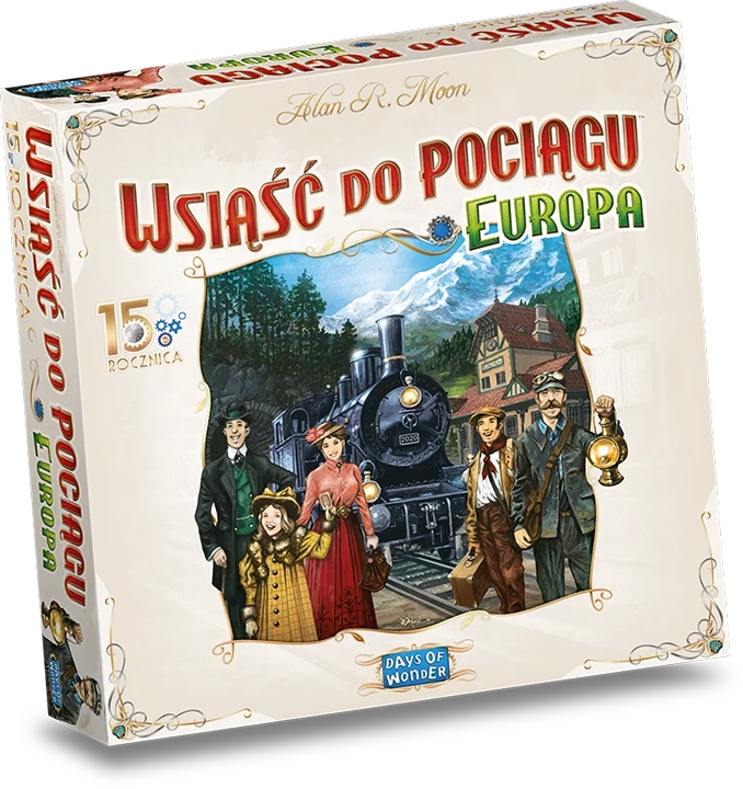 Pudełko z grą planszową „Ticket to Ride: Europe” zawierające wielokrotnie nagradzaną strategiczną grę o tematyce kolejowej dla rodzin i przyjaciół, idealną na wieczory z grami planszowymi.